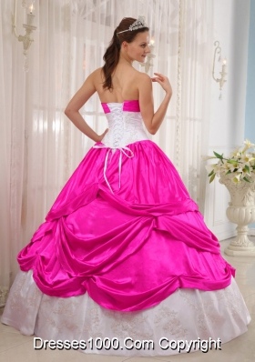 Hot Pnk and White Ball Gown Sweetheart Quinceanera Dress with Taffeta Appliques