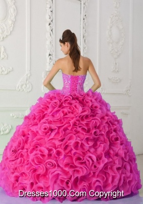 Ball Gown Strapless Organza Hot Pink Quinceanera Dress with Beading and Ruffles