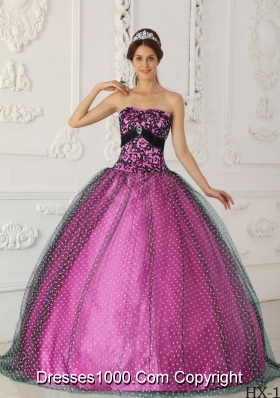 Black and Fuchsia Ball Gown Strapless Quinceanera Dress with   Appliques