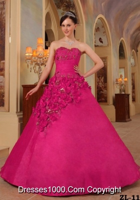 Coral Red Ball Gown Sweetheart Quinceanera Dress with Organza Handle Flowers