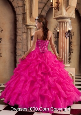 Coral Red Ball Gown Sweetheart Quinceanera Dress with Organza Ruffles