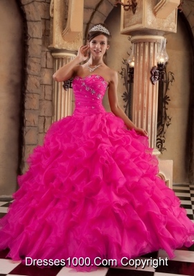 Coral Red Ball Gown Sweetheart Quinceanera Dress with Organza Ruffles