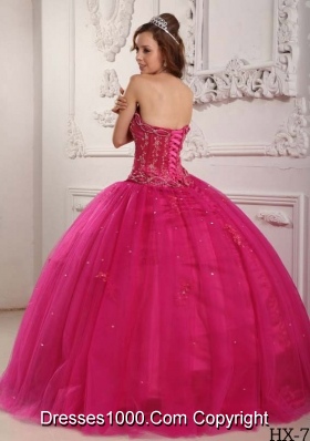 Elegant Ball Gown Strapless Quinceanera Dress with Tulle Beading Fuchsia