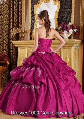 Fuchsia Ball Gown Strapless Quinceanera Dress with Taffeta Appliques