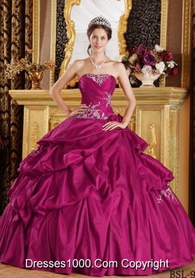 Fuchsia Ball Gown Strapless Quinceanera Dress with Taffeta Appliques