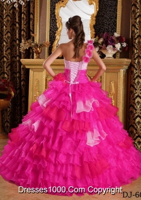 Hot Pink Ball Gown One Shoulder Quinceanera Dress with  Organza Ruffles Beading