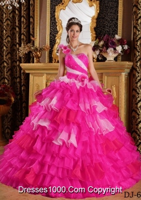 Hot Pink Ball Gown One Shoulder Quinceanera Dress with  Organza Ruffles Beading