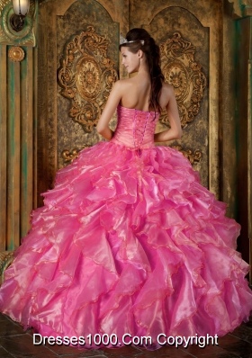 Hot Pink Ball Gown Strapless Quinceanera Dress with  Beading Ruffles