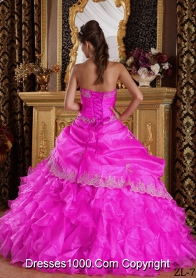 Hot Pink Ball Gown Strapless Quinceanera Dress  with Organza