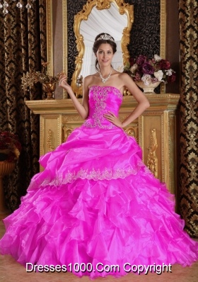 Hot Pink Ball Gown Strapless Quinceanera Dress  with Organza