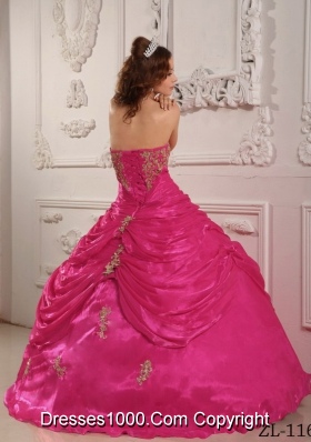 Hot Pink Ball Gown Strapless Quinceanera Dress with  Organza Appliques