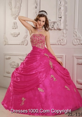 Hot Pink Ball Gown Strapless Quinceanera Dress with  Organza Appliques
