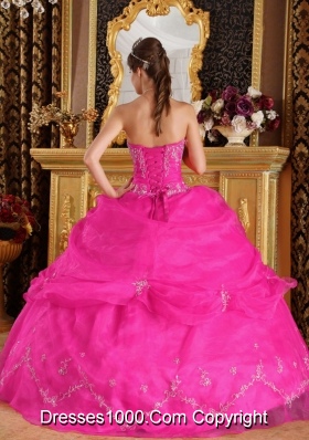 Hot Pink Ball Gown Strapless Quinceanera Dress with Organza Appliques