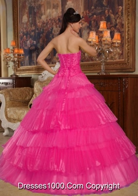 Hot Pink Ball Gown Strapless Quinceanera Dress with  Organza Appliques