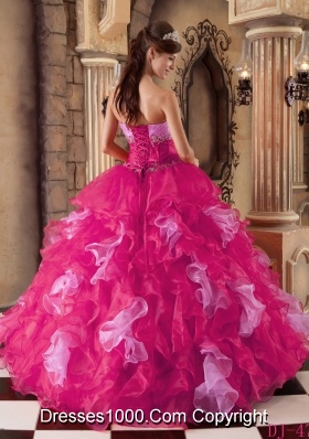 Hot Pink Ball Gown Strapless Quinceanera Dress  with  Organza Beading Ruffles