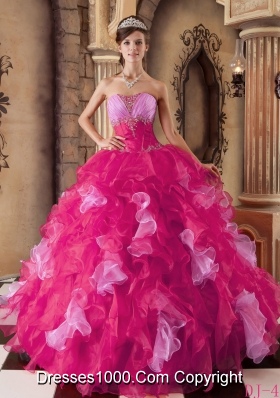 Hot Pink Ball Gown Strapless Quinceanera Dress  with  Organza Beading Ruffles