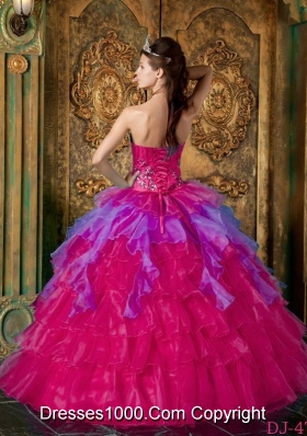 Hot Pink Ball Gown Strapless Quinceanera Dress with  Organza Ruffles