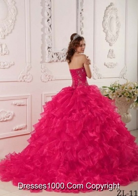 Hot Pink Ball Gown Strapless  Quinceanera Dress with Organza Ruffles Embroidery