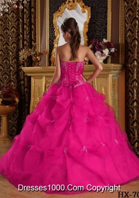 Hot Pink Ball Gown Strapless Quinceanera Dress with Pick-ups Tulle