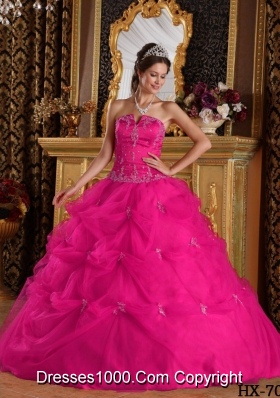 Hot Pink Ball Gown Strapless Quinceanera Dress with Pick-ups Tulle