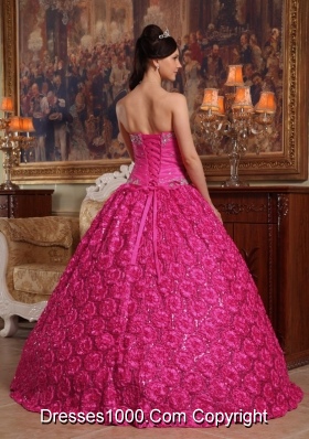 Hot Pink Ball Gown Strapless Quinceanera Dress with Roling Flowers Appliques