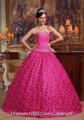 Hot Pink Ball Gown Strapless Quinceanera Dress with Roling Flowers Appliques