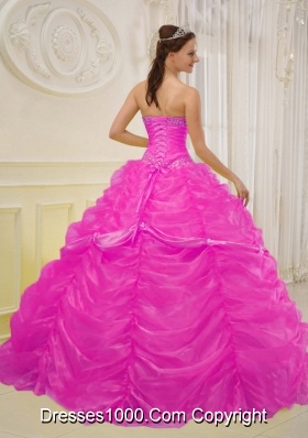 Hot Pink Ball Gown Sweetheart Quinceanera Dress with  Organza Beading