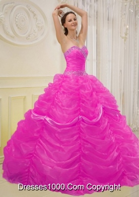Hot Pink Ball Gown Sweetheart Quinceanera Dress with  Organza Beading