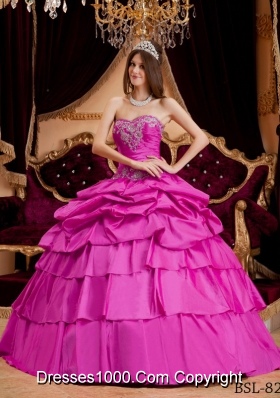 Hot Pink Ball Gown Sweetheart Quinceanera Dress  with Taffeta Appliques