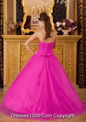 Hot Pink Princess Strapless Quinceanera Dress  with Tulle Appliques