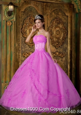 Rose Pink Ball Gown Strapless Quinceanera Dress  with  Appliques Organza