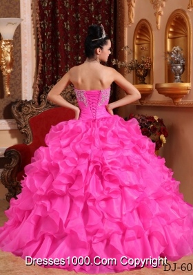 Rose Pink Ball Gown Strapless Quinceanera Dress with  Organza Beading Appliques