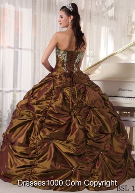 Perfect Brown Puffy Strapless for 2014 Embroidery Quinceanera Dresses with Pick-ups