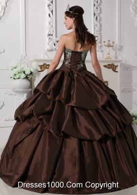 2014 Brown Puffy Strapless Embroidery Quinceanera Dress with Pick-ups