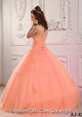 2014 Classical Ball Gown Sweetheart Appliques Pink Quinceanera Dress with Beading