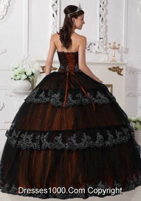 2014 Fashionable Orange Puffy Strapless Ruffled Layers Quinceanera Dress with Appliques