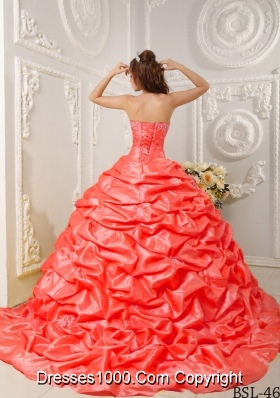 Orange Red Ball Gown Strapless Court Train Dresses For Quinceaneras with Appliques and Pick-ups