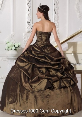 Popular Brown Ball Gown Strapless for 2014 Beading Quinceanera Dress with Pick-ups