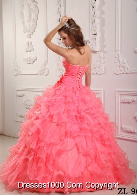 Romantic Ball Gown Sweetheart Beading Ruffles Watermelon Dresses For a Quinceanera