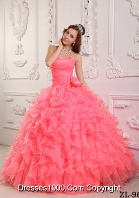 Romantic Ball Gown Sweetheart Beading Ruffles Watermelon Dresses For a Quinceanera