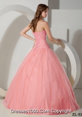 Simple Ball Gown Strapless Tulle Quinceanera Gowns with Beading