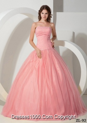 Simple Ball Gown Strapless Tulle Quinceanera Gowns with Beading