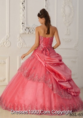 Watermelon A-line Strapless Appliques and Pick-ups Beading Quinceanera Gowns