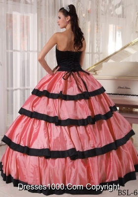 Watermelon and Black Ball Gown Strapless Dresses For a Quince with Ruffled Layers