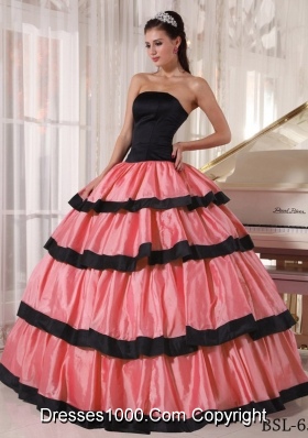 Watermelon and Black Ball Gown Strapless Dresses For a Quince with Ruffled Layers