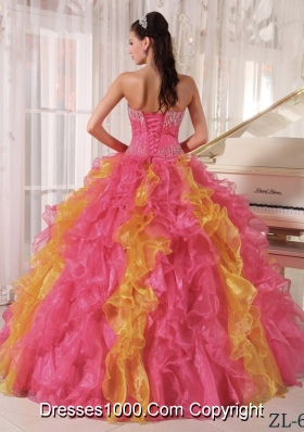 Watermelon and Orange Ball Gown Sweetheart Ruffles Sequins Dresses Of 15 with Long