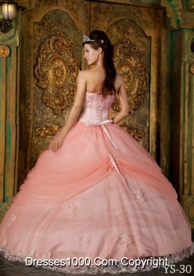 Watermelon Ball Gown Strapless Appliques Tulle Sweet 16 Dresses with Hand Made Flowers