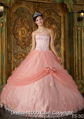 Watermelon Ball Gown Strapless Appliques Tulle Sweet 16 Dresses with Hand Made Flowers