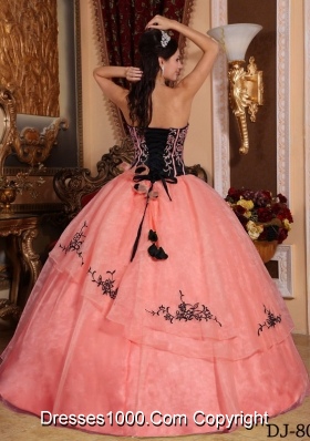 Watermelon Ball Gown Strapless Embroidery Dresses For a Quinceanera with Hand Made Flowers