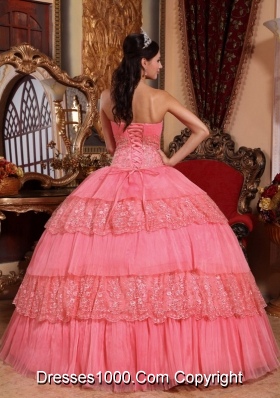 Watermelon Ball Gown Strapless Lace and Appliques Dresses Quinceanera for 2014